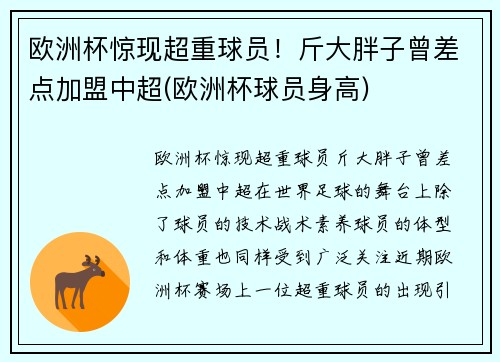 欧洲杯惊现超重球员！斤大胖子曾差点加盟中超(欧洲杯球员身高)