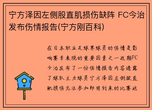 宁方泽因左侧股直肌损伤缺阵 FC今治发布伤情报告(宁方刚百科)