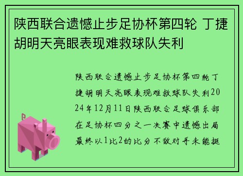 陕西联合遗憾止步足协杯第四轮 丁捷胡明天亮眼表现难救球队失利