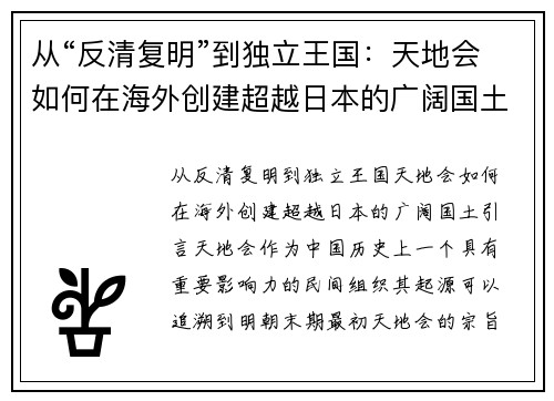 从“反清复明”到独立王国：天地会如何在海外创建超越日本的广阔国土