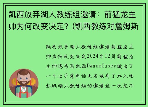 凯西放弃湖人教练组邀请：前猛龙主帅为何改变决定？(凯西教练对詹姆斯评价)
