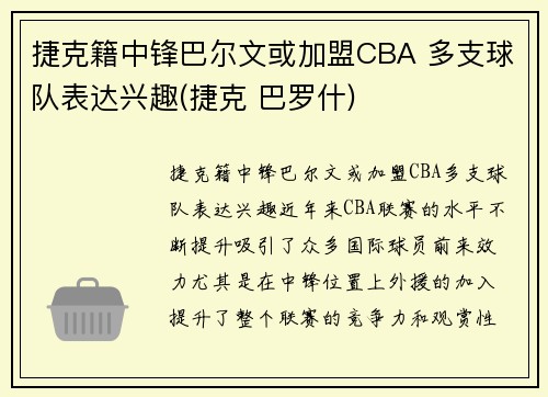 捷克籍中锋巴尔文或加盟CBA 多支球队表达兴趣(捷克 巴罗什)