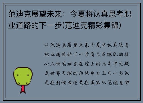 范迪克展望未来：今夏将认真思考职业道路的下一步(范迪克精彩集锦)