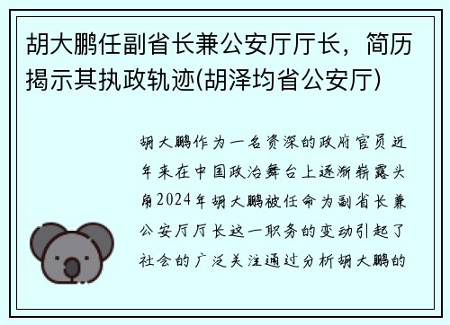 胡大鹏任副省长兼公安厅厅长，简历揭示其执政轨迹(胡泽均省公安厅)