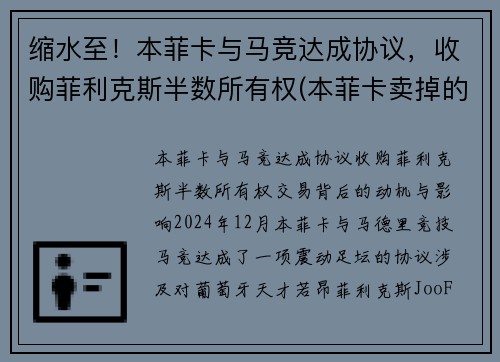 缩水至！本菲卡与马竞达成协议，收购菲利克斯半数所有权(本菲卡卖掉的球星)