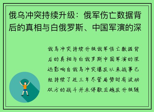 俄乌冲突持续升级：俄军伤亡数据背后的真相与白俄罗斯、中国军演的深远影响