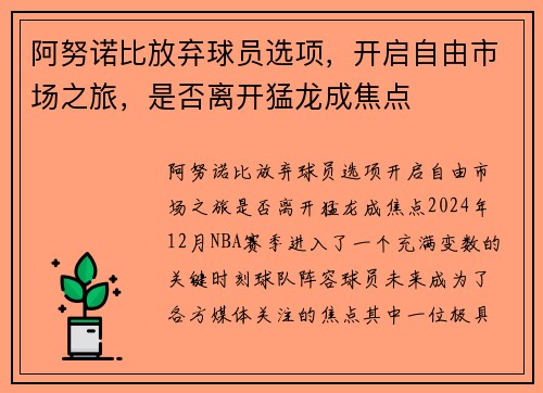 阿努诺比放弃球员选项，开启自由市场之旅，是否离开猛龙成焦点